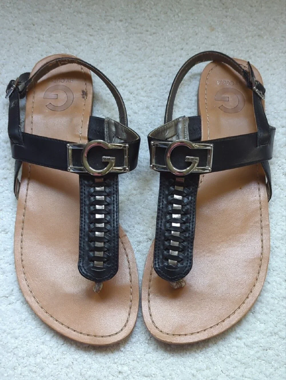 G by Guess Brown and Black T-Strap Sandals with G Hardware